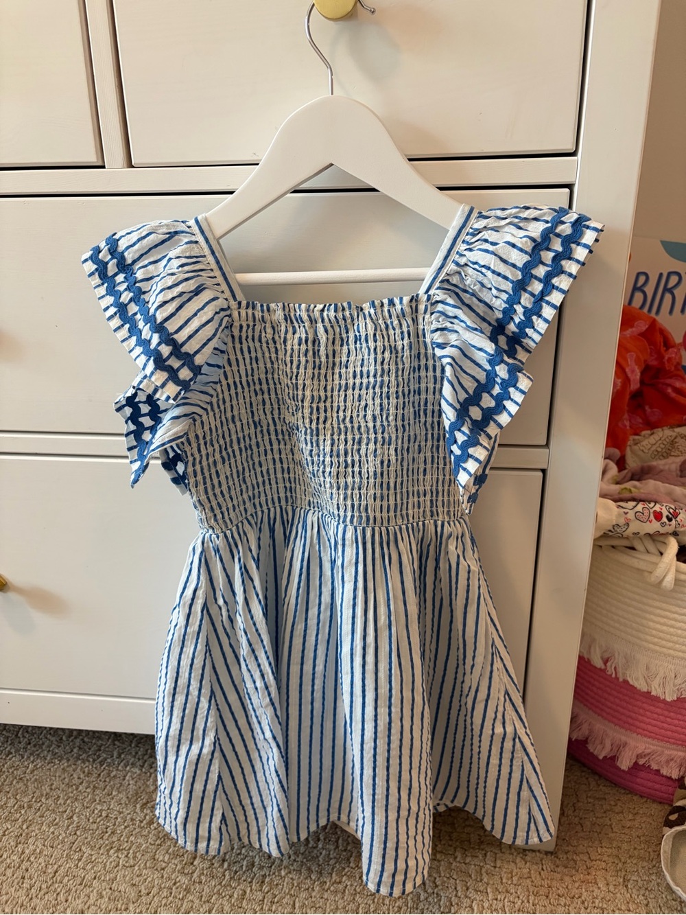 Cat & Jack Smocked Dress Girls 5T Blue White Rickrack Flutter